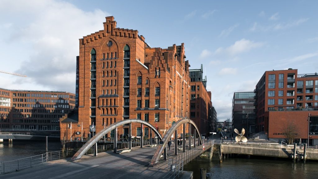 Red brick building over a bridge in hamburg.